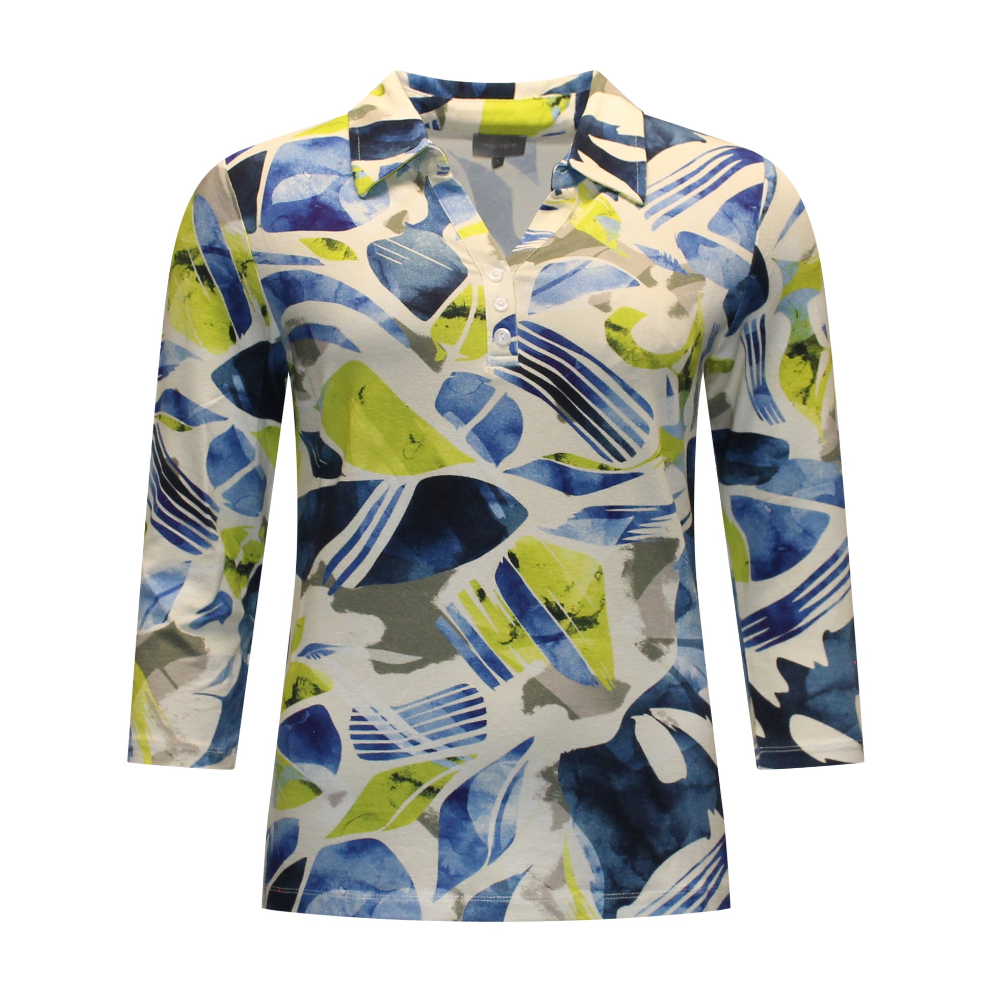 Voorzijde van Marinello poloshirt Nienke met kraagje, sierknoopjes, driekwart mouwen en grafische print in groen met blauw.