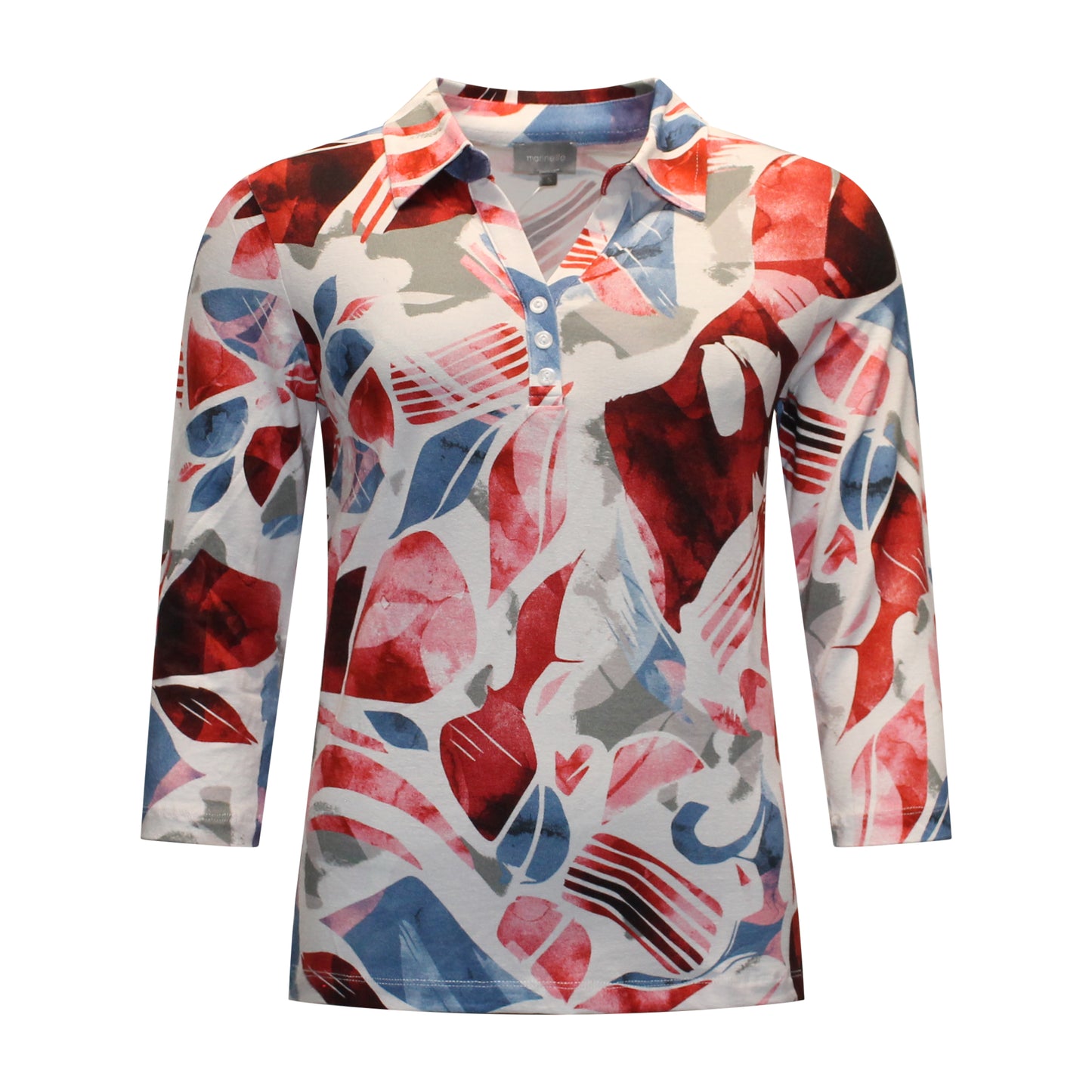 Voorzijde van Marinello poloshirt Nienke met kraagje, sierknoopjes, driekwart mouwen en grafische print in rood met blauw.