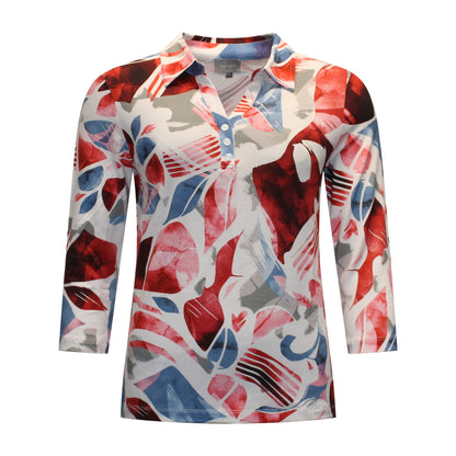 Voorzijde van Marinello poloshirt Nienke met kraagje, sierknoopjes, driekwart mouwen en grafische print in rood met blauw.
