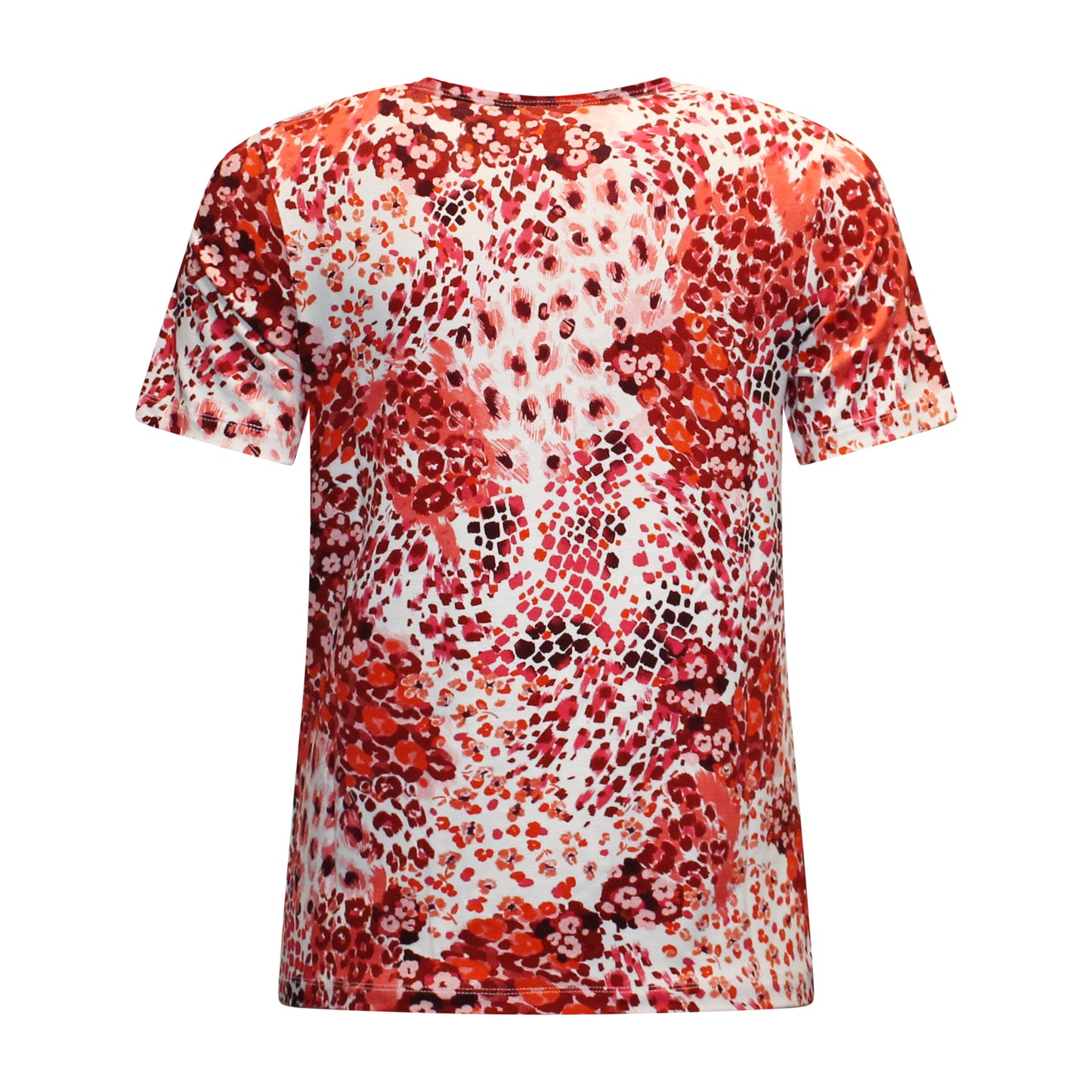 Achterzijde van Marinello T-shirt Elske met korte mouwen, recht model en all-over print in rood.