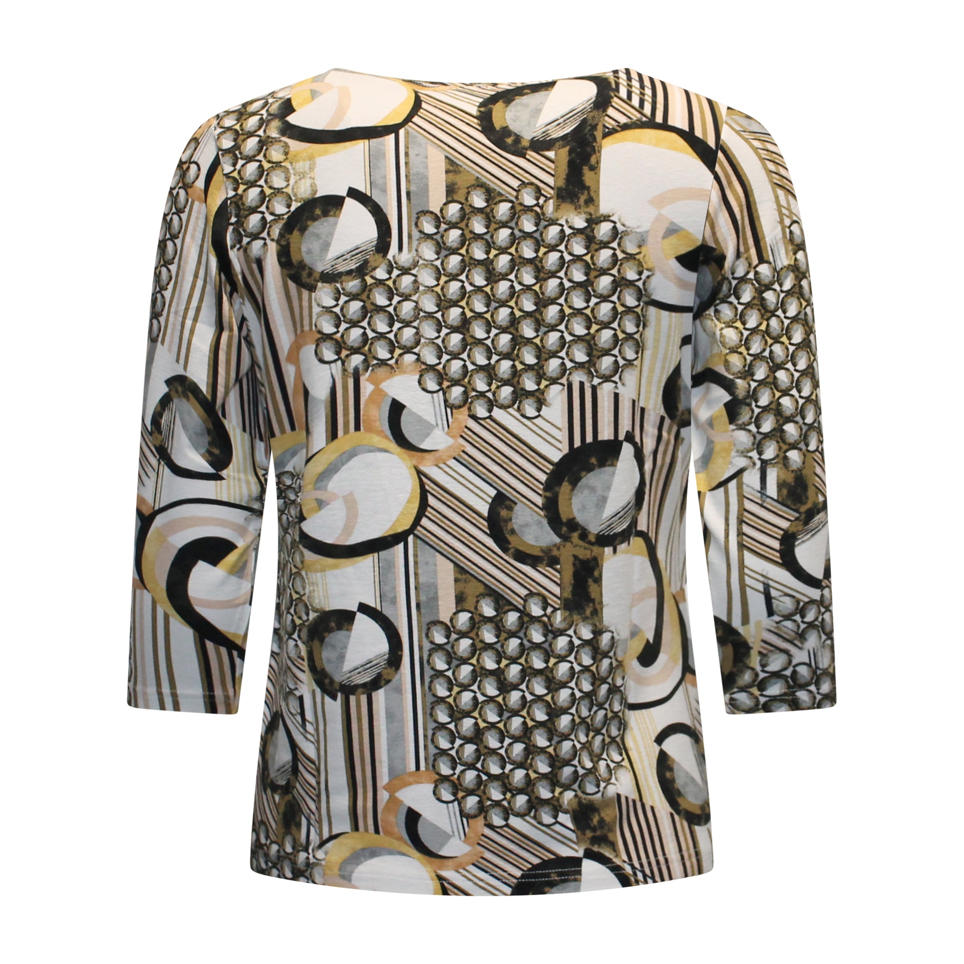 Achterzijde van Marinello T-shirt Hanne met driekwart mouwen en grafisch dessin in bruin.