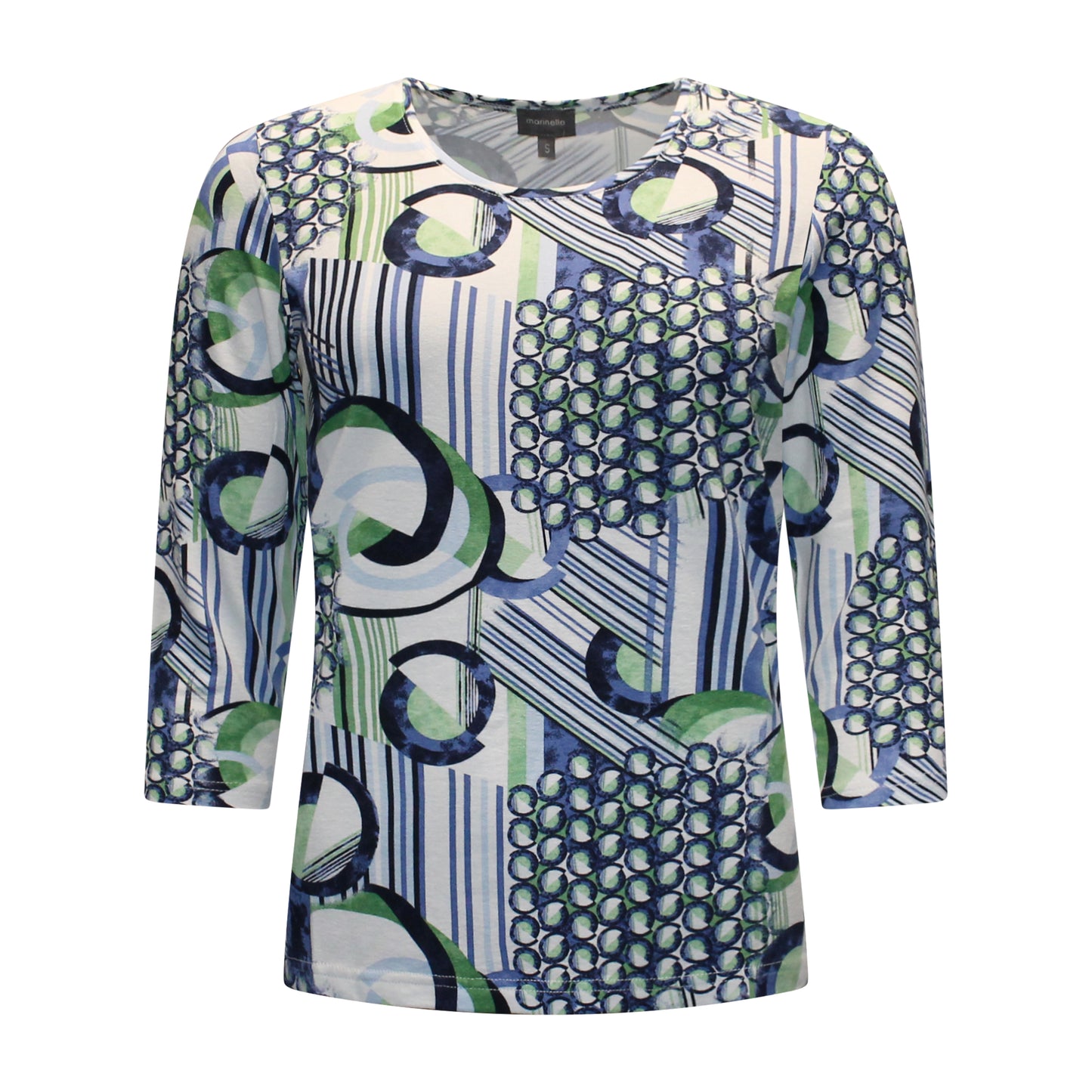 Voorzijde van Marinello T-shirt Hanne met ronde hals, driekwart mouwen en ronde print met strepen in blauw en groen.