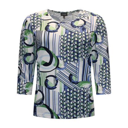 Voorzijde van Marinello T-shirt Hanne met ronde hals, driekwart mouwen en ronde print met strepen in blauw en groen.