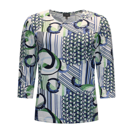 Voorzijde van Marinello T-shirt Hanne met ronde hals, driekwart mouwen en ronde print met strepen in blauw en groen.