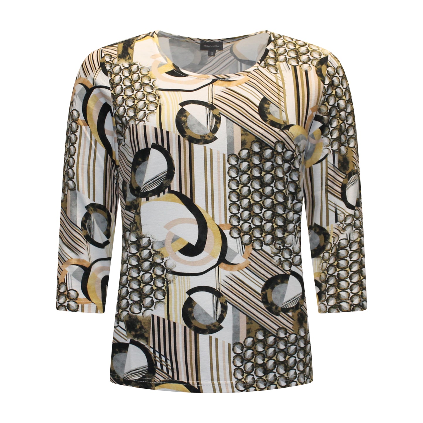 Voorzijde van Marinello T-shirt Hanne met ronde hals, driekwart mouwen en ronde print met strepen in bruintint.