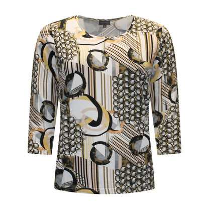 Voorzijde van Marinello T-shirt Hanne met ronde hals, driekwart mouwen en ronde print met strepen in bruintint.