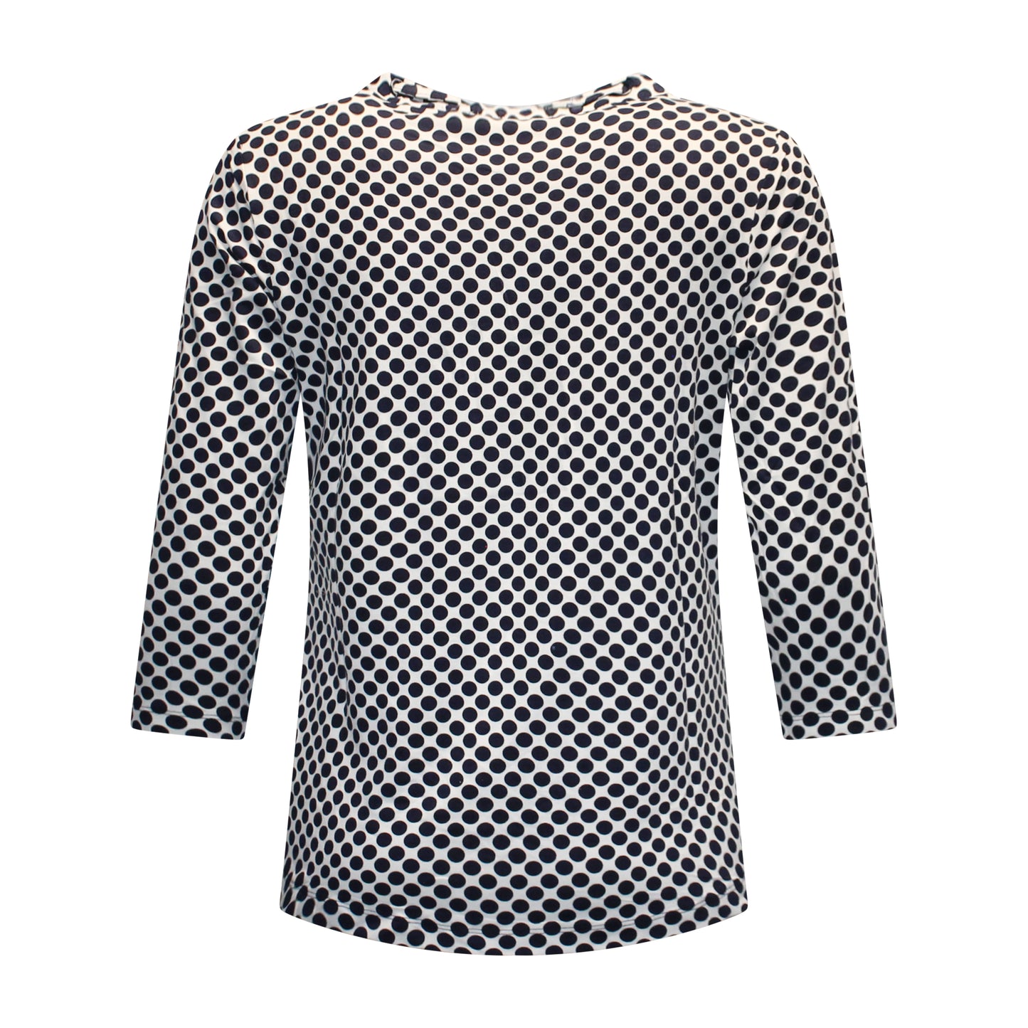 Achterzijde van Marinello T-shirt Rosan met driekwart mouwen, recht model en navy stippenpatroon.