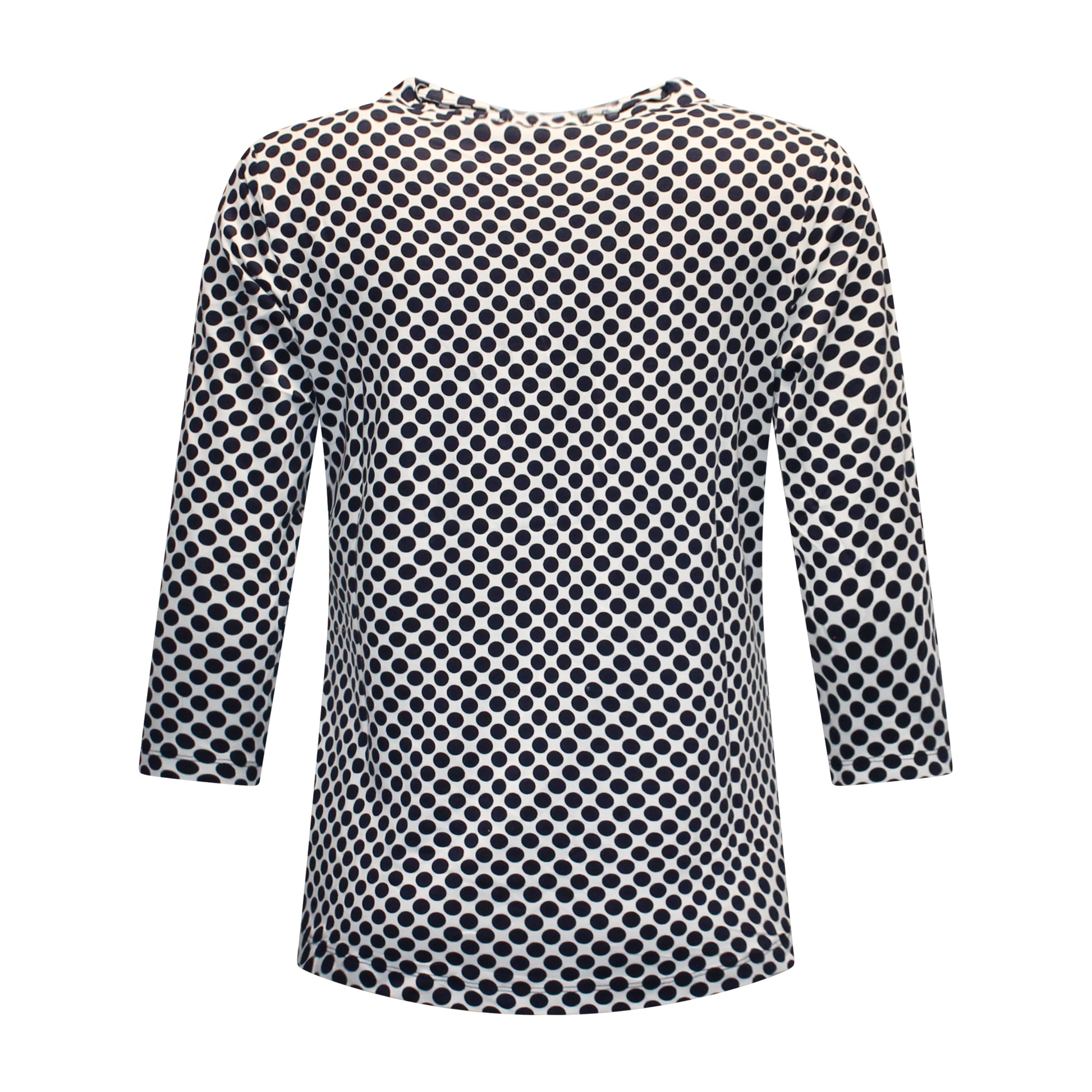 Achterzijde van Marinello T-shirt Rosan met driekwart mouwen, recht model en navy stippenpatroon.