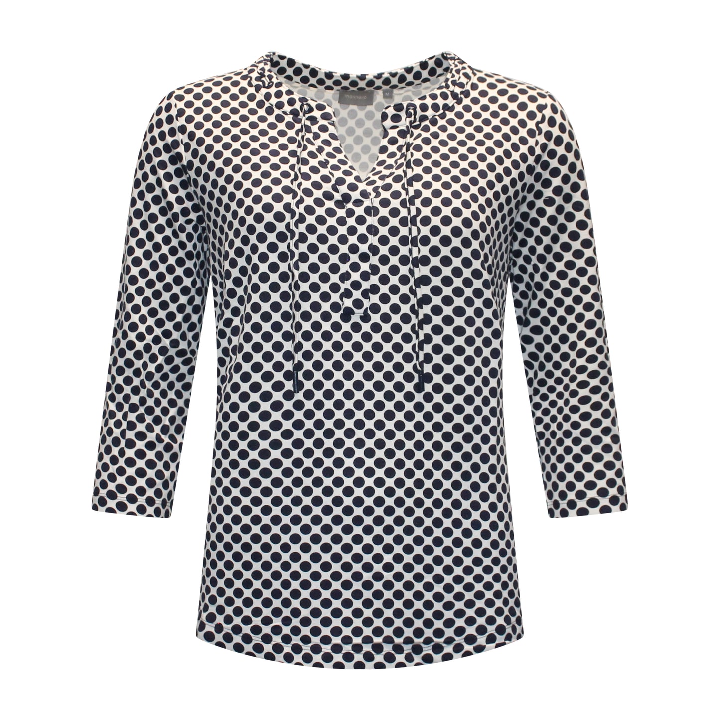 Voorzijde van Marinello T-shirt Rosan met ronde hals, V-insnijding, koordjesdetail, driekwart mouwen en navy stippenpatroon.