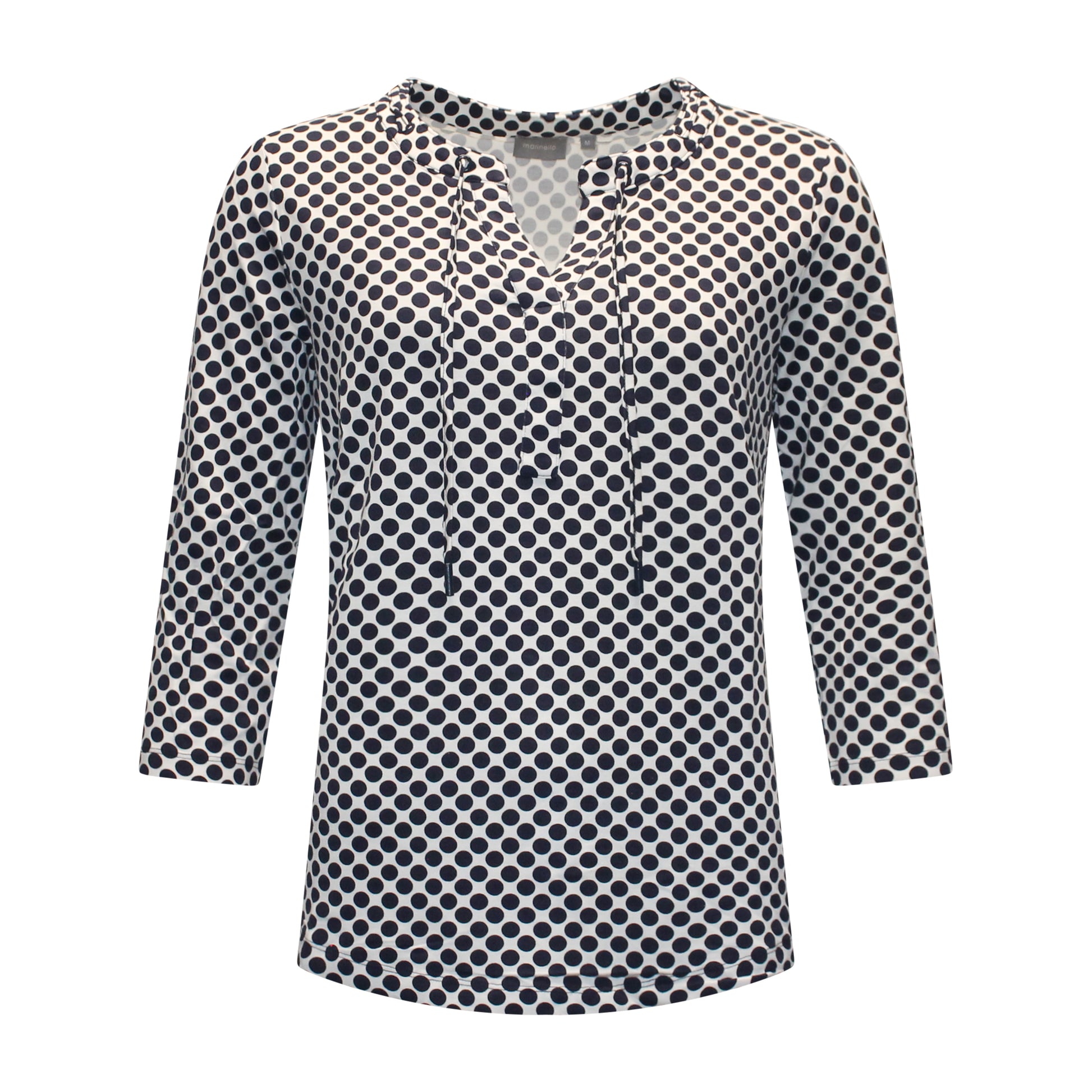 Voorzijde van Marinello T-shirt Rosan met ronde hals, V-insnijding, koordjesdetail, driekwart mouwen en navy stippenpatroon.