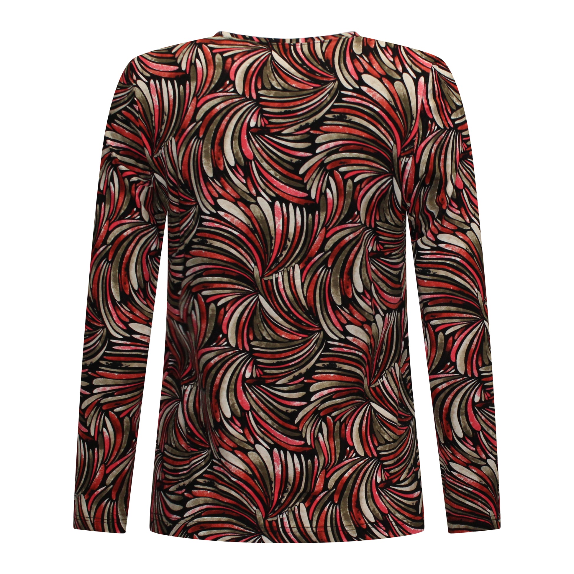 Achterzijde van Marinello T-shirt Veerle met rechte snit en all-over print over de rug in het rood.
