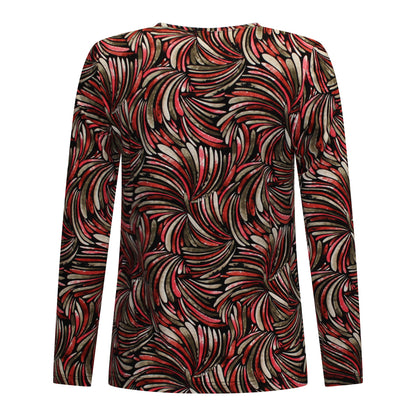 Achterzijde van Marinello T-shirt Veerle met rechte snit en all-over print over de rug in het rood.
