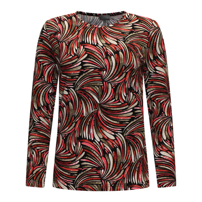 Voorzijde van Marinello T-shirt Veerle met ronde hals, lange mouw en all-over dessin in het rood.