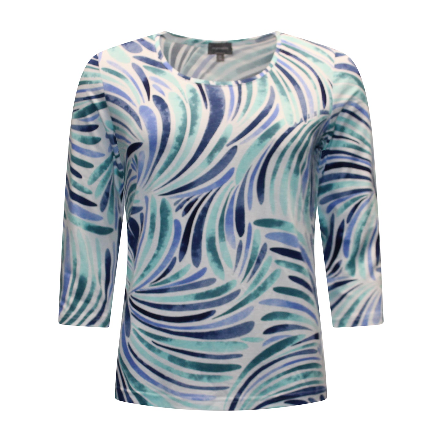 Voorzijde van Marinello shirt Evelien met ronde hals, driekwart mouwen en kleurrijk patroon in blauw en mintgroen.