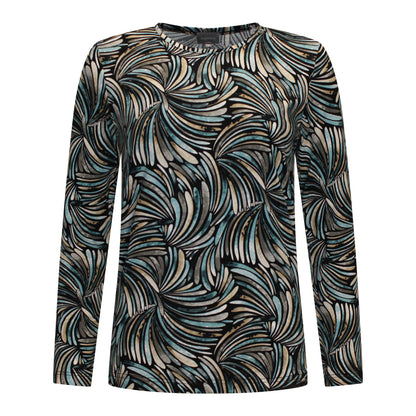 Voorzijde van Marinello T-shirt Veerle met ronde hals, lange mouw en all-over dessin in het blauw.