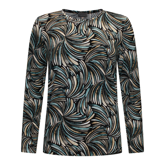 Voorzijde van Marinello T-shirt Veerle met ronde hals, lange mouw en all-over dessin in het blauw.