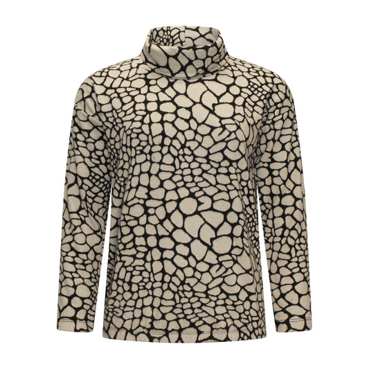 Voorzijde van Navigazione T-shirt Fenne in beige met zwart, met lange mouwen, kolkraagje en elastiek onderin.