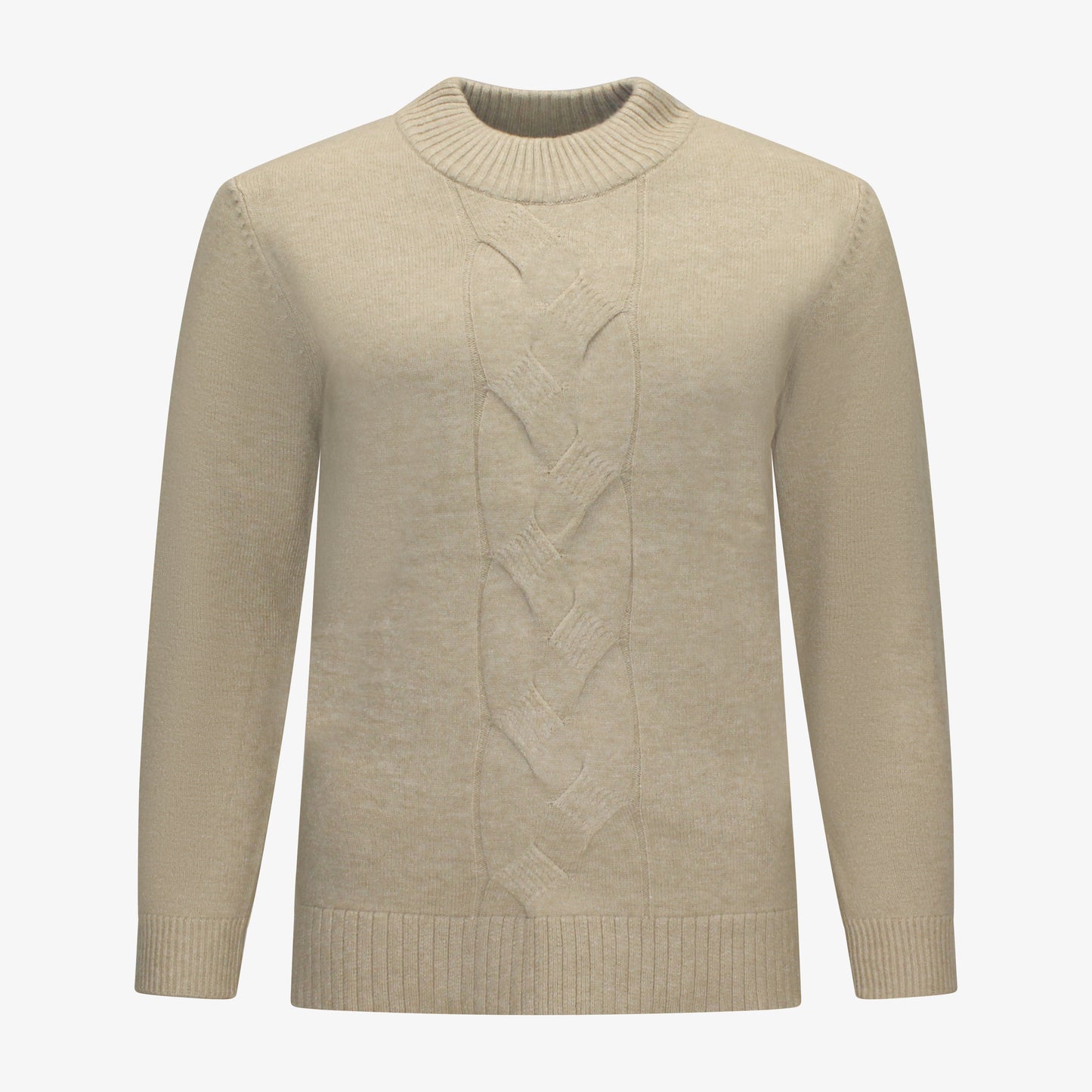 Voorzijde van Navigazione trui Linde in beige, met ronde hals, rechte pasvorm, splitjes aan de zijkanten en figuurtje in het midden.