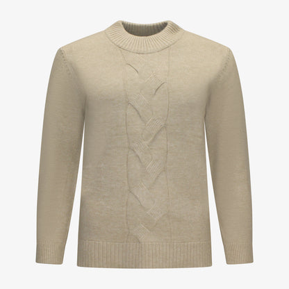 Voorzijde van Navigazione trui Linde in beige, met ronde hals, rechte pasvorm, splitjes aan de zijkanten en figuurtje in het midden.
