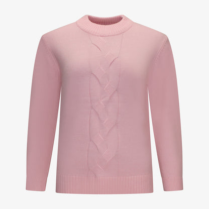 Voorzijde van Navigazione trui Linde in roze, met ronde hals, rechte pasvorm, splitjes aan de zijkanten en figuurtje in het midden.