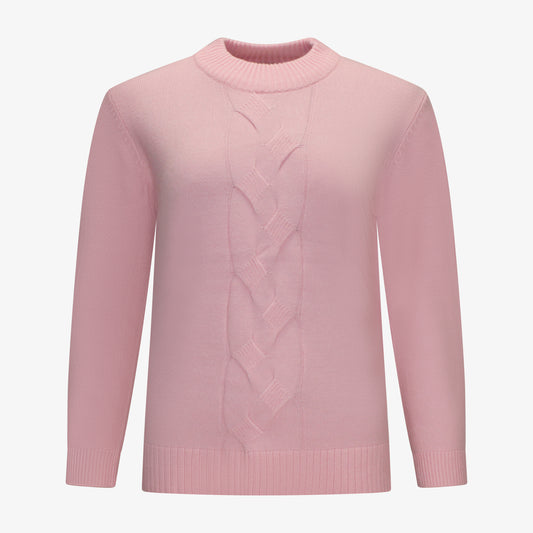 Voorzijde van Navigazione trui Linde in roze, met ronde hals, rechte pasvorm, splitjes aan de zijkanten en figuurtje in het midden.