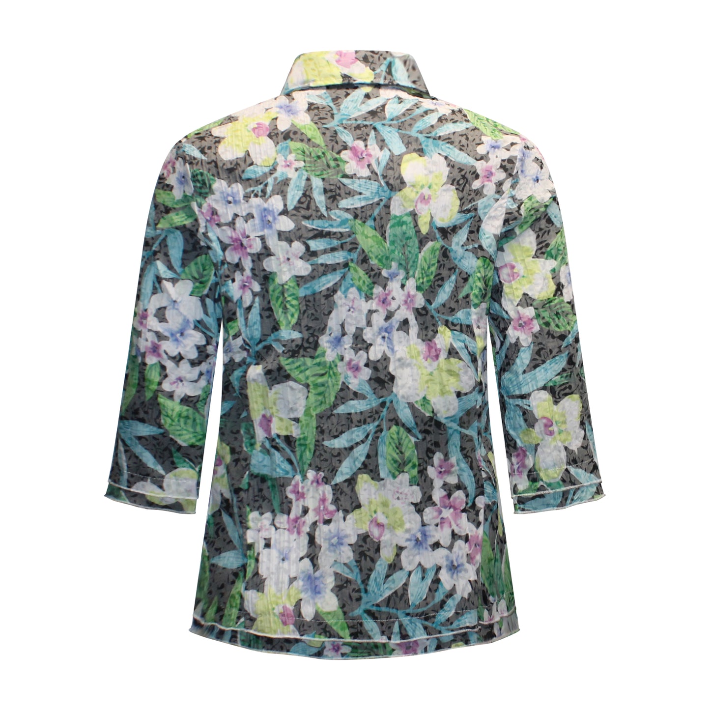 Achterzijde van Navigazione blouse Simone met driekwart mouwen en patroon in groen.