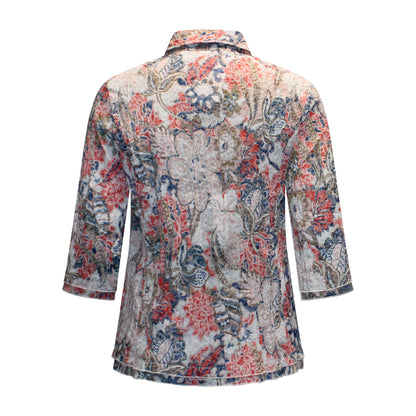Achterzijde van Navigazione blouse Simone met driekwart mouwen en patroon in rood.