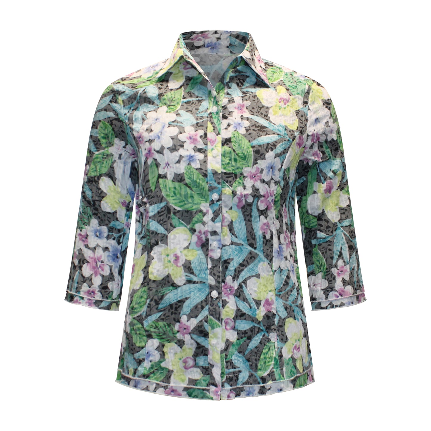 Voorzijde van Navigazione blouse Simone met kraagje, knoopsluiting, driekwart mouwen en patroon in groen.