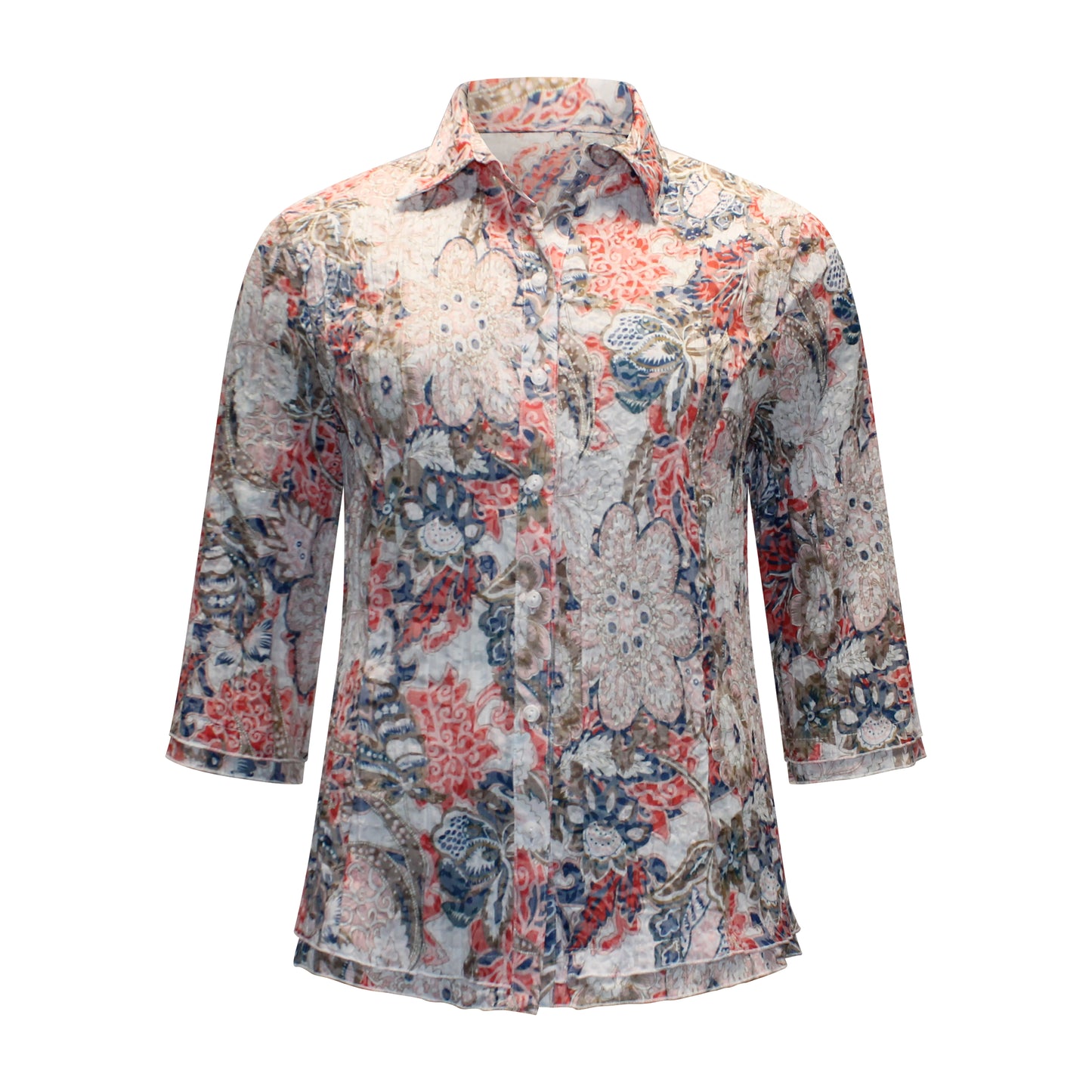 Voorzijde van Navigazione blouse Simone met kraagje, knoopsluiting, driekwart mouwen en patroon in rood.