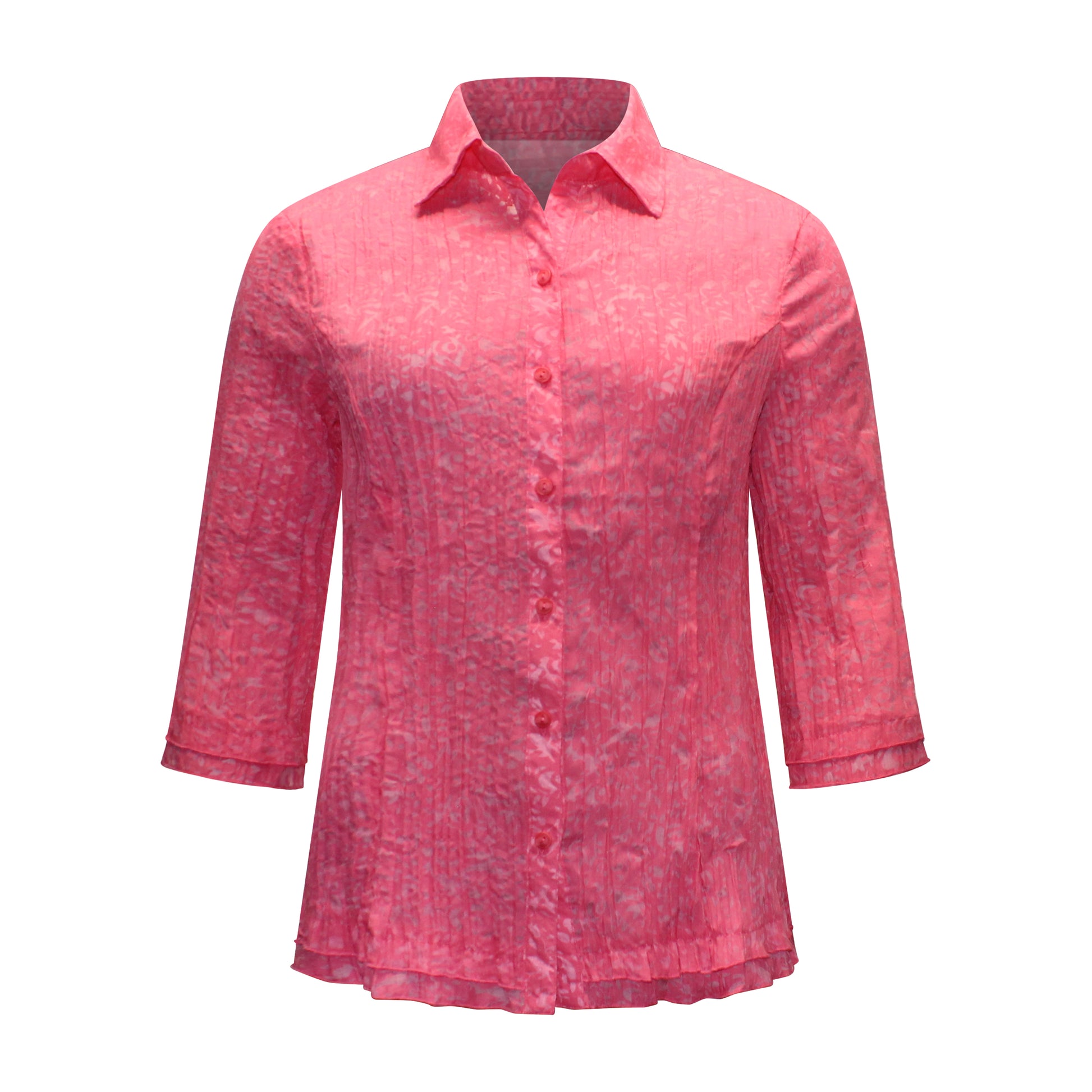 Voorzijde van Navigazione blouse Simone met kraagje, knoopsluiting, driekwart mouwen en patroon in roze.