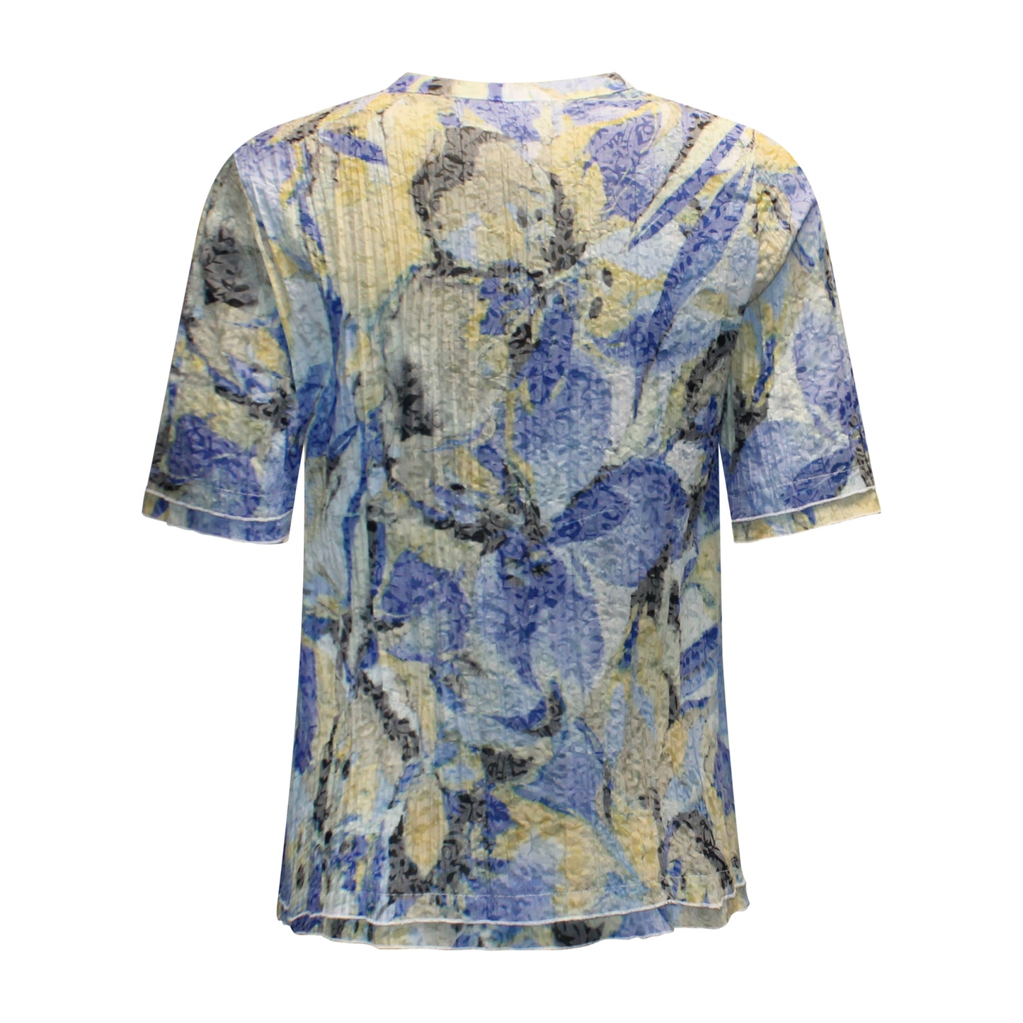 Achterzijde van Navigazione blouse Sylvia met korte mouwen en all-over print in blauw.