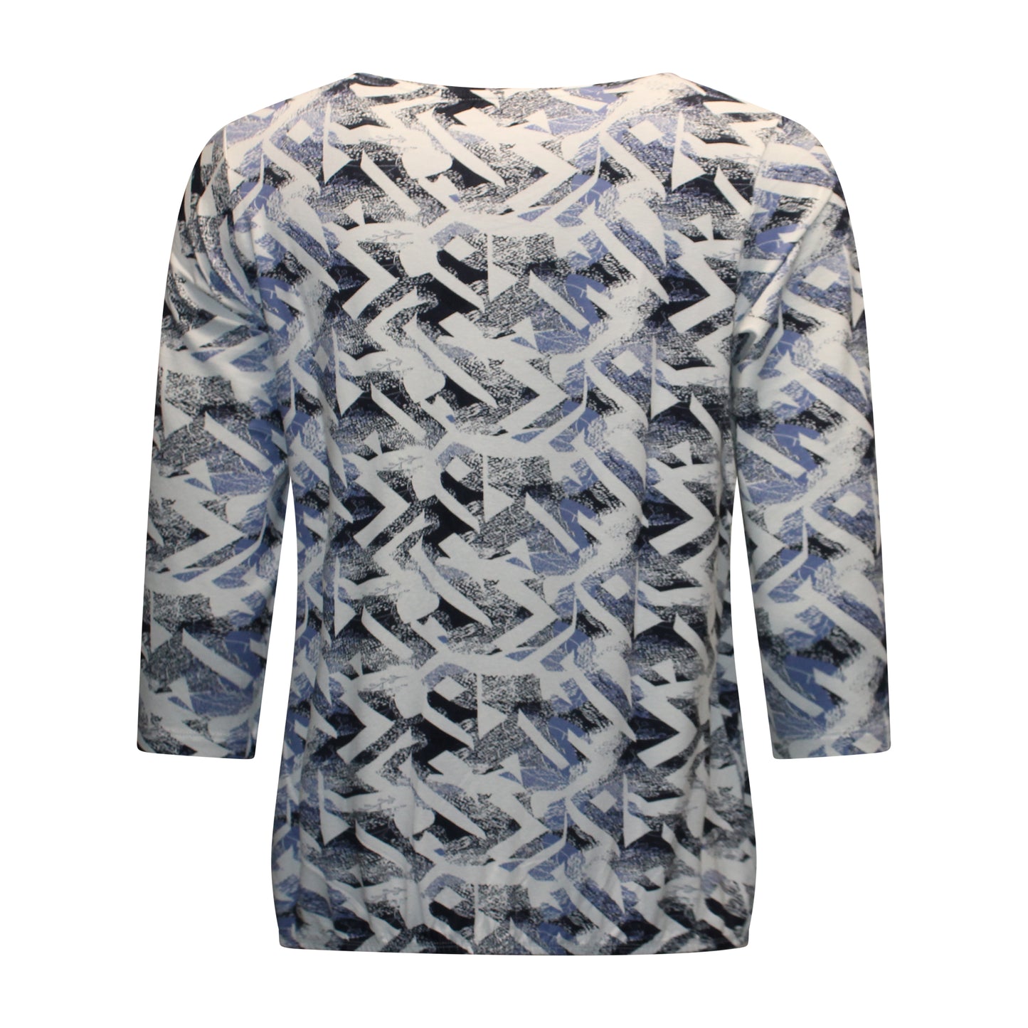 Achterzijde van Sensia blouson Alies met elastische zoom aan de zijkanten, driekwart mouwen en blauw-navy print.