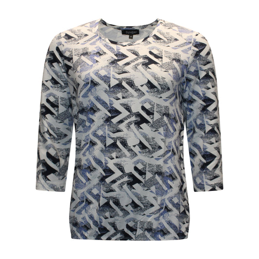 Voorzijde van Sensia blouson Alies met ronde hals, driekwart mouwen en speelse print in blauw en navy.