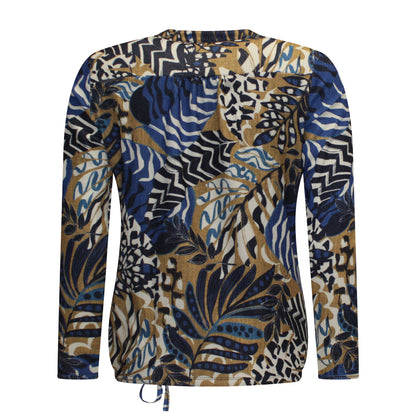 Achterzijde van Sensia Blouson Amelie met lange mouwen en koordje onderaan in blauw met camel.
