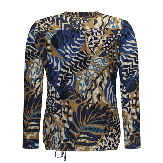Achterzijde van Sensia Blouson Amelie met lange mouwen en koordje onderaan in blauw met camel.