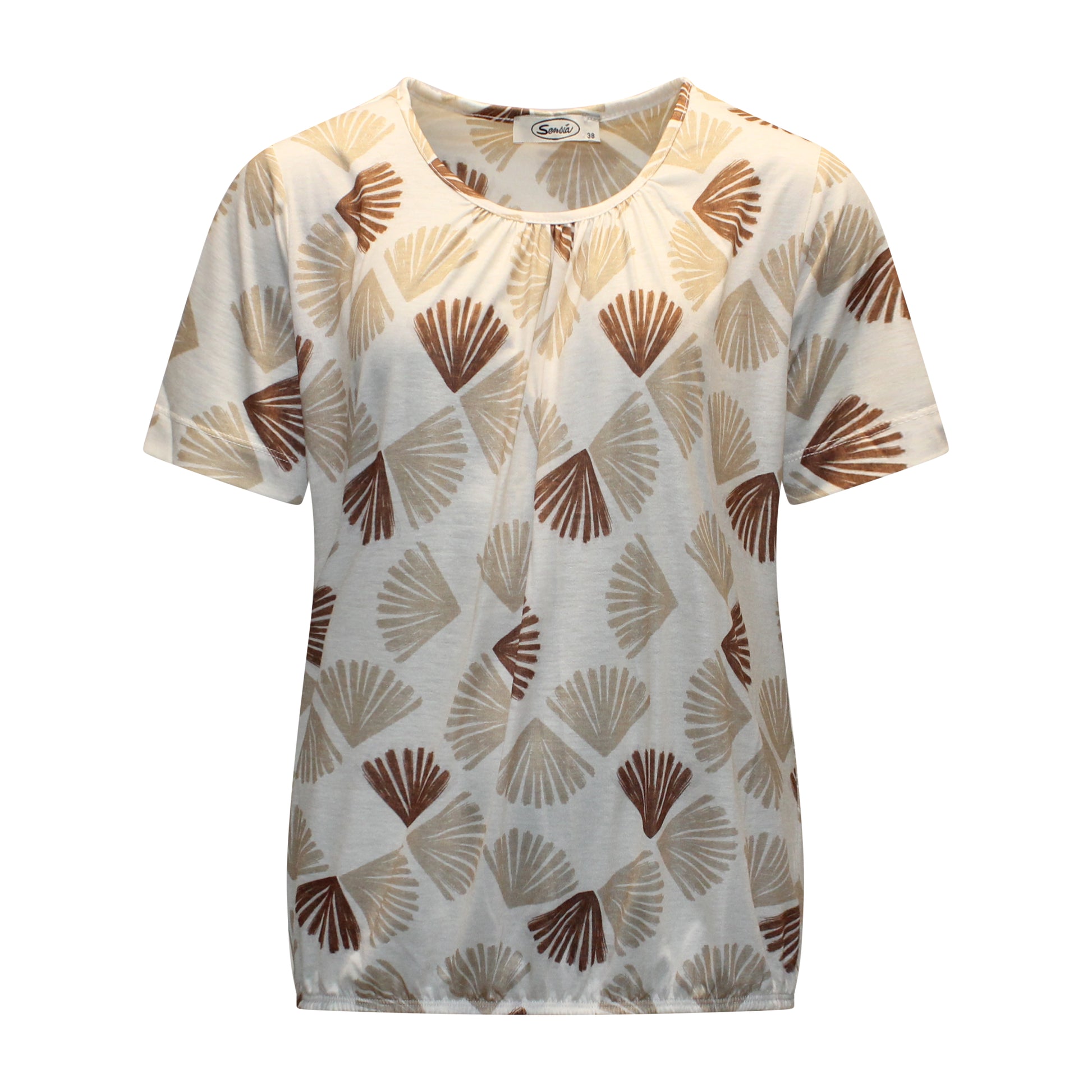 Voorzijde van Sensia blouson Elske met ronde hals, fijne rimpeling, korte mouwen en waaiermotief in zandkleur.