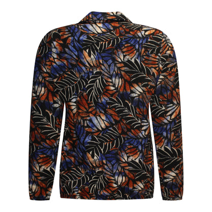 Achterzijde van Sensia Blouson Femke met diepe v-hals en bloemmotief in het blauw.