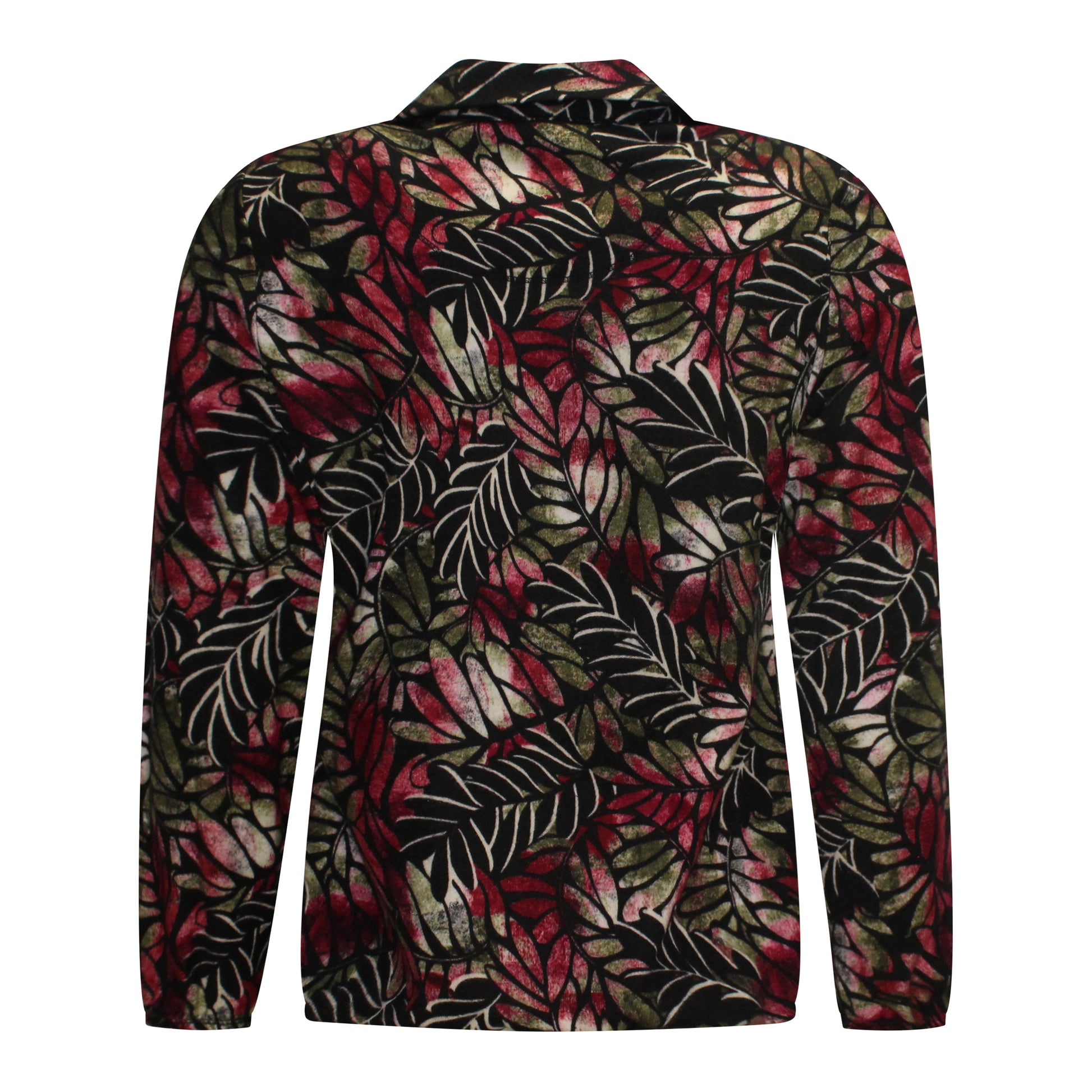 Achterzijde van Sensia Blouson Femke met diepe v-hals en bloemmotief in het groen.