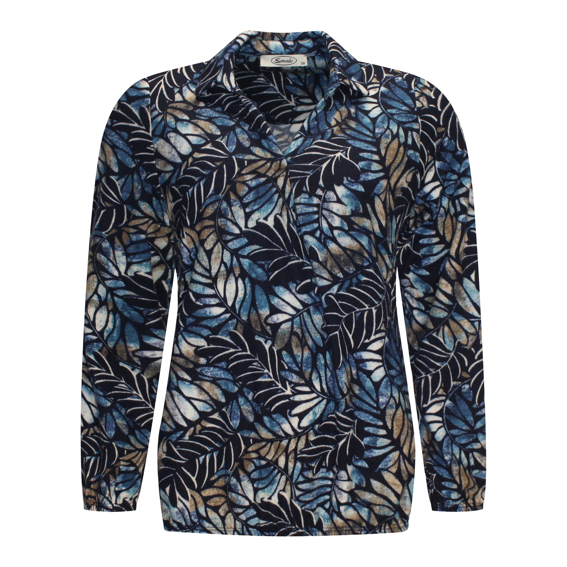 Voorzijde van Sensia Blouson Femke met diepe v-hals en bloemmotief in het marine.
