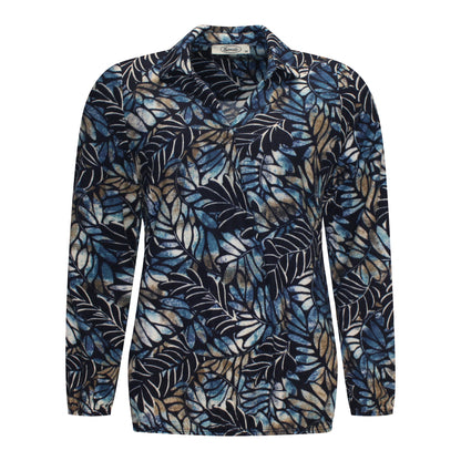 Voorzijde van Sensia Blouson Femke met diepe v-hals en bloemmotief in het marine.