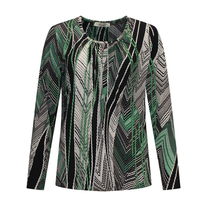 Voorzijde van Sensia Blouson Jette met ronde hals en groene print.