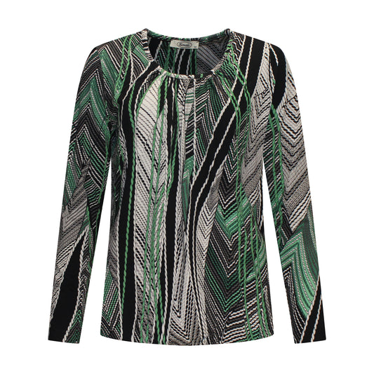 Voorzijde van Sensia Blouson Jette met ronde hals en groene print.
