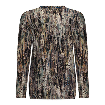 Achterzijde van Sensia Blouson Jula met ronde hals, v-halsdetail en koordje in het taupe.