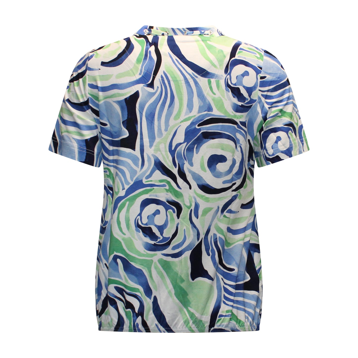 Achterzijde van Sensia blouson Lonneke met elastische band onderin, korte mouwen en blauw-groen-witte kleurstelling.