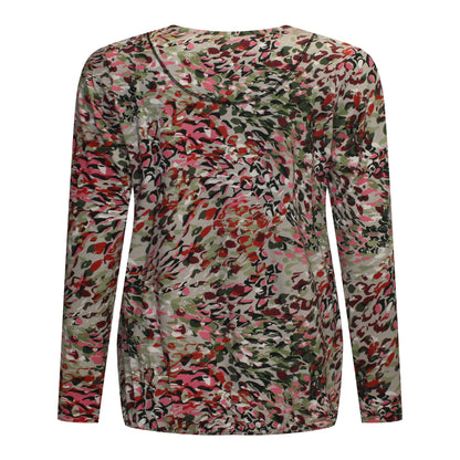 Achterzijde van Sensia Blouson Lotte met kleurrijk patroon en ronde hals in de kleur groen.