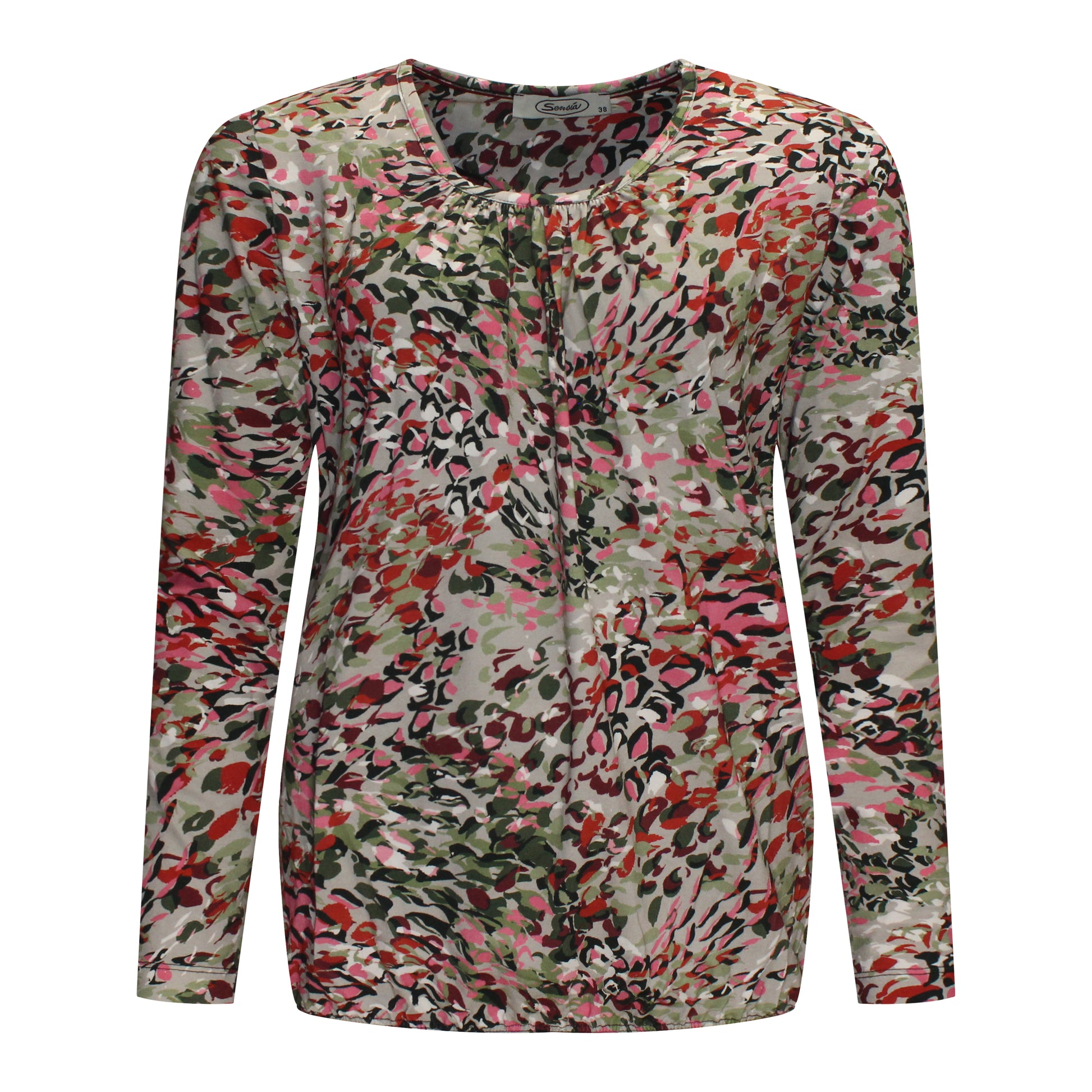 Voorzijde van Sensia Blouson Lotte met kleurrijk patroon en ronde hals in de kleur groen.