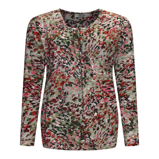 Voorzijde van Sensia Blouson Lotte met kleurrijk patroon en ronde hals in de kleur groen.