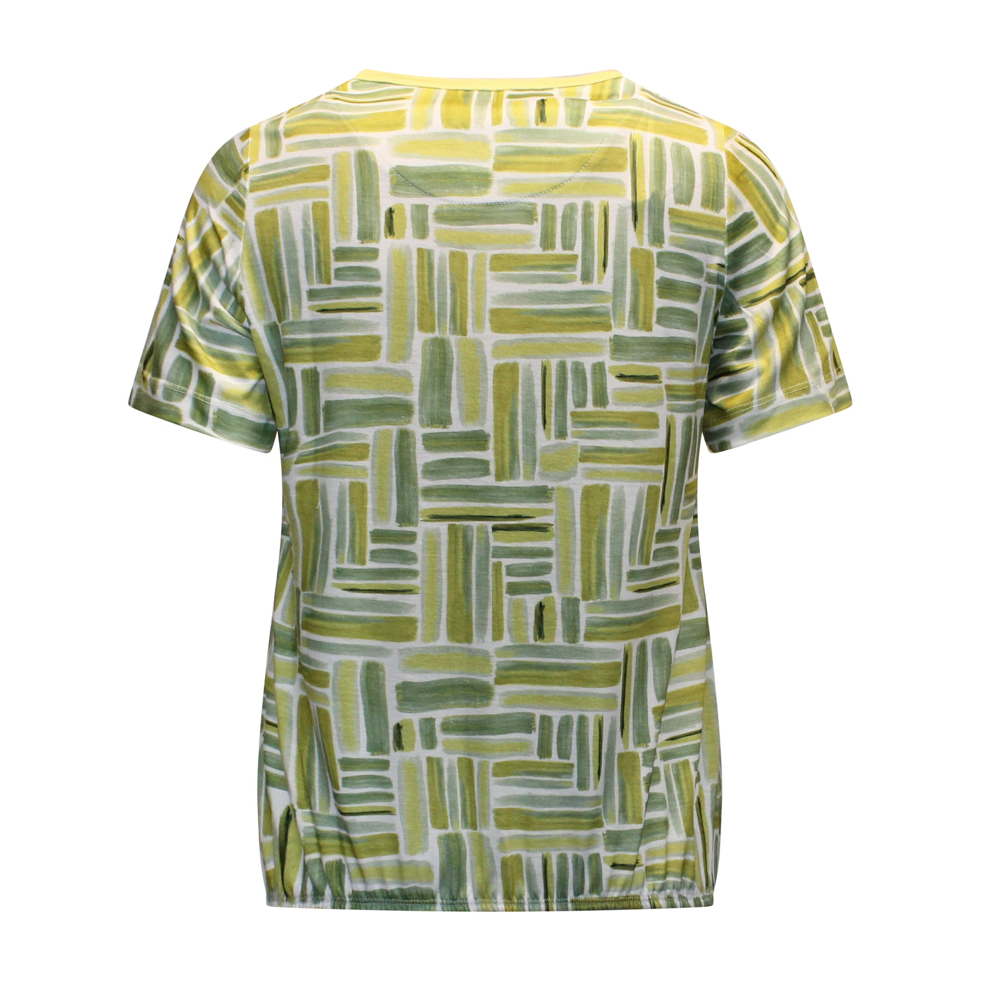 Achterzijde van Sensia blouson Meike met korte mouwen, zachte stof en streepmotief in groen en wit.