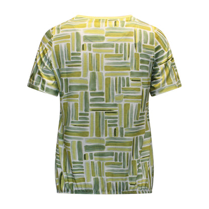 Achterzijde van Sensia blouson Meike met korte mouwen, zachte stof en streepmotief in groen en wit.