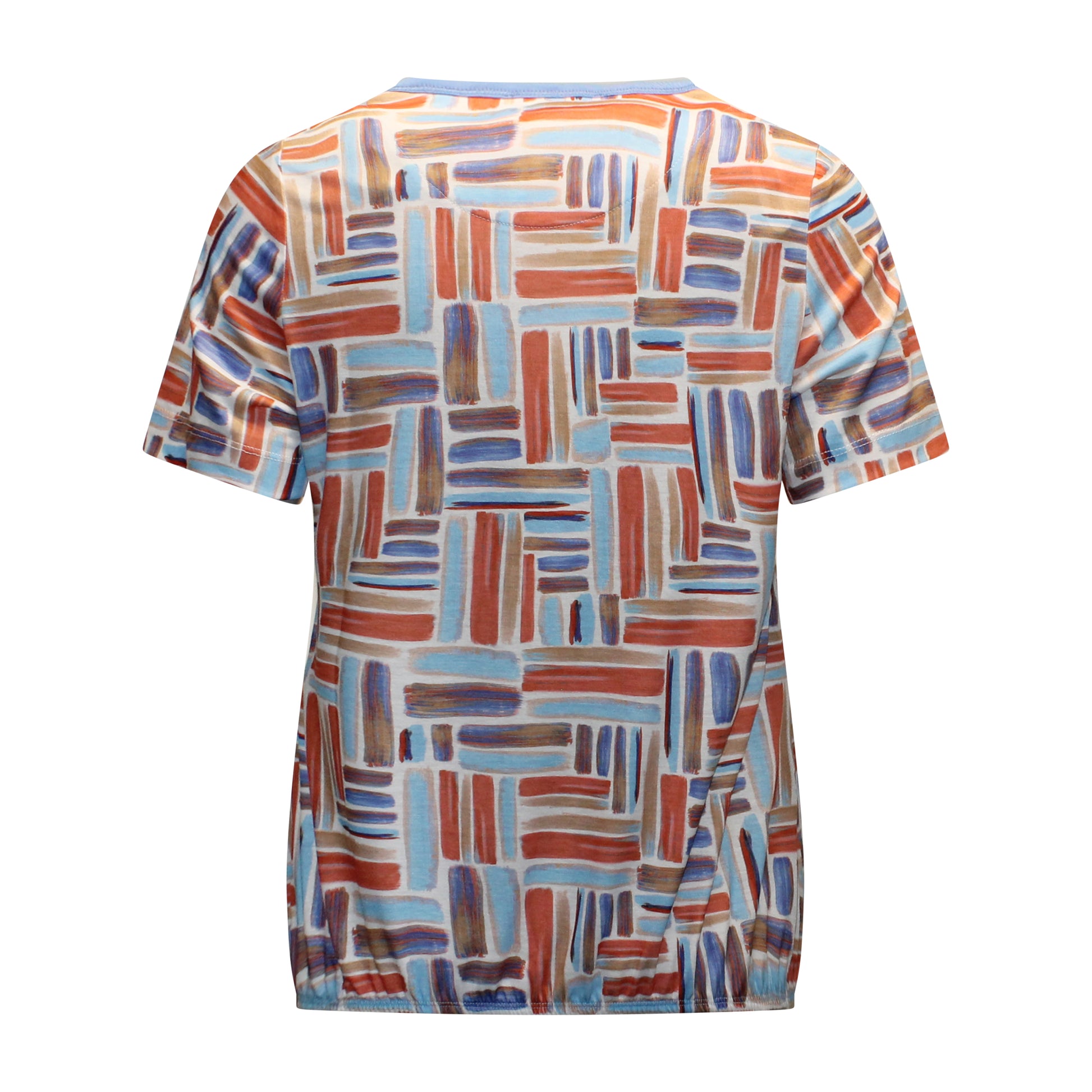 Achterzijde van Sensia blouson Meike met korte mouwen, zachte stof en streepmotief in lichtblauw en rood.